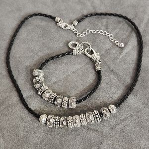 Crystallized Metal Beads "Pandora Style" Leatherette Necklace & Bracelet Set (2)